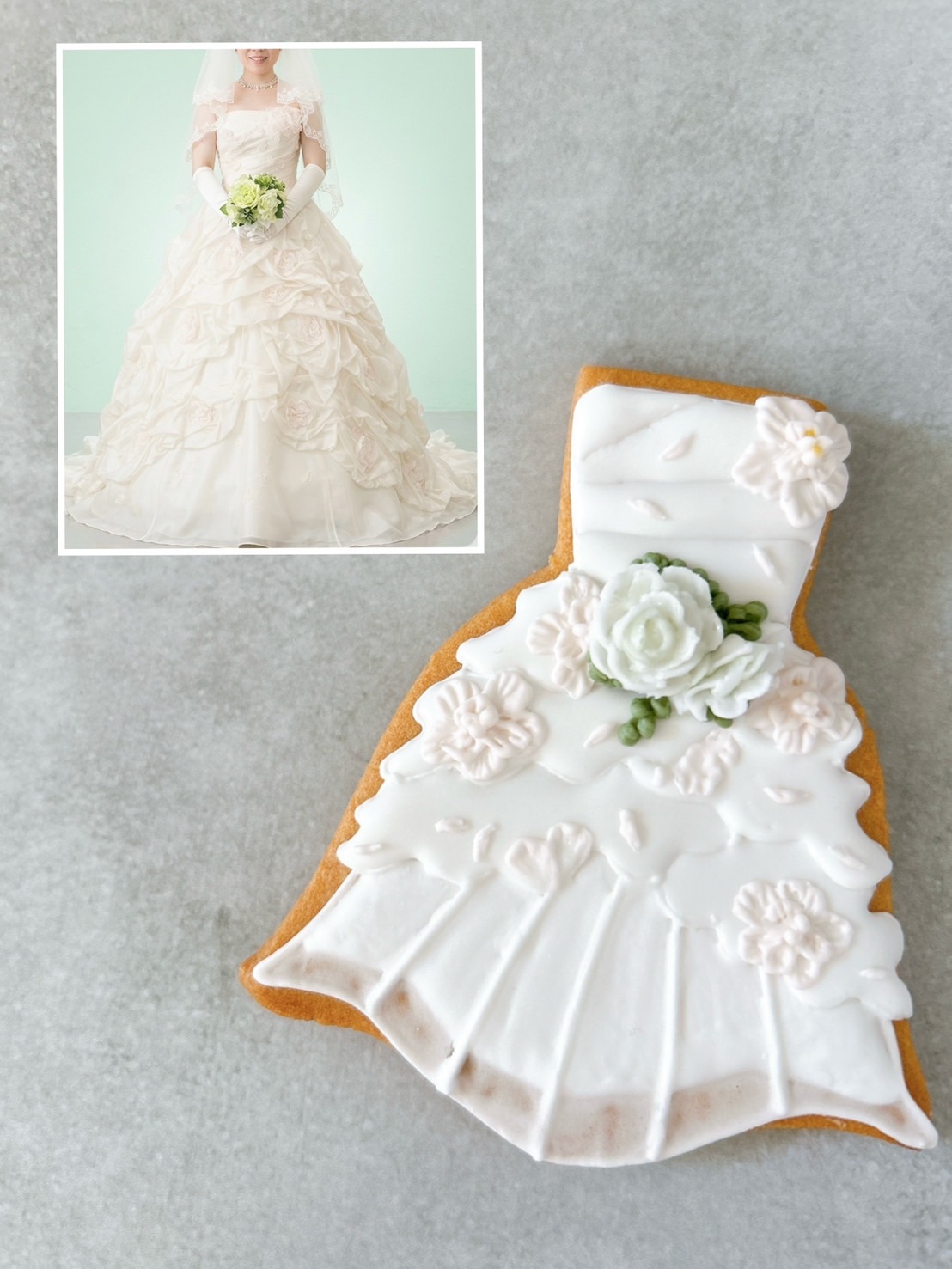 フラワーモチーフのウェディングドレスクッキー