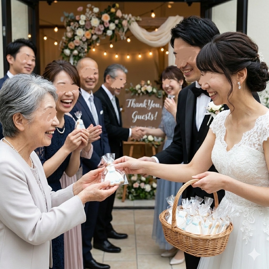 披露宴でゲストにプチギフトを渡す花嫁
