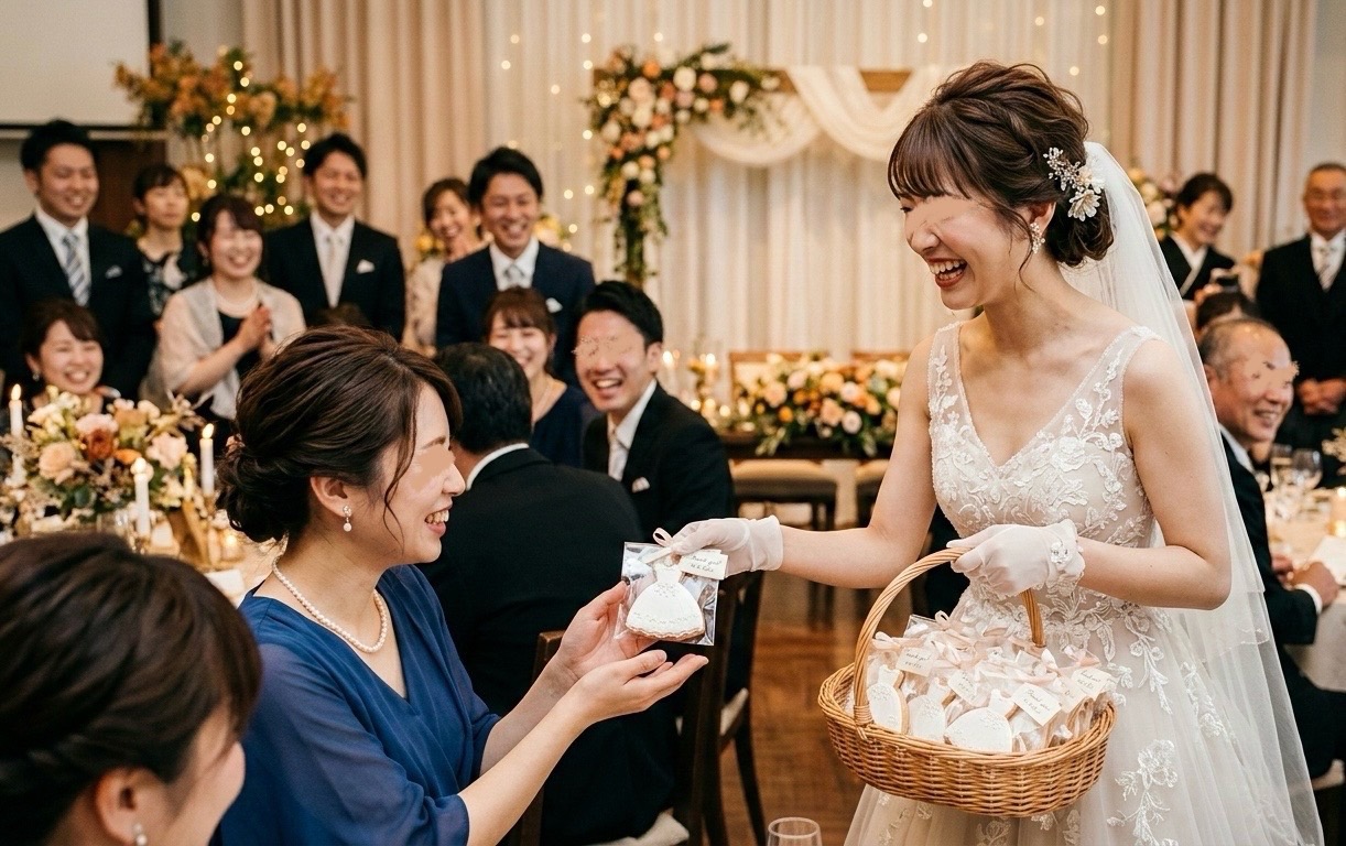 ゲストにクッキーを手渡す花嫁